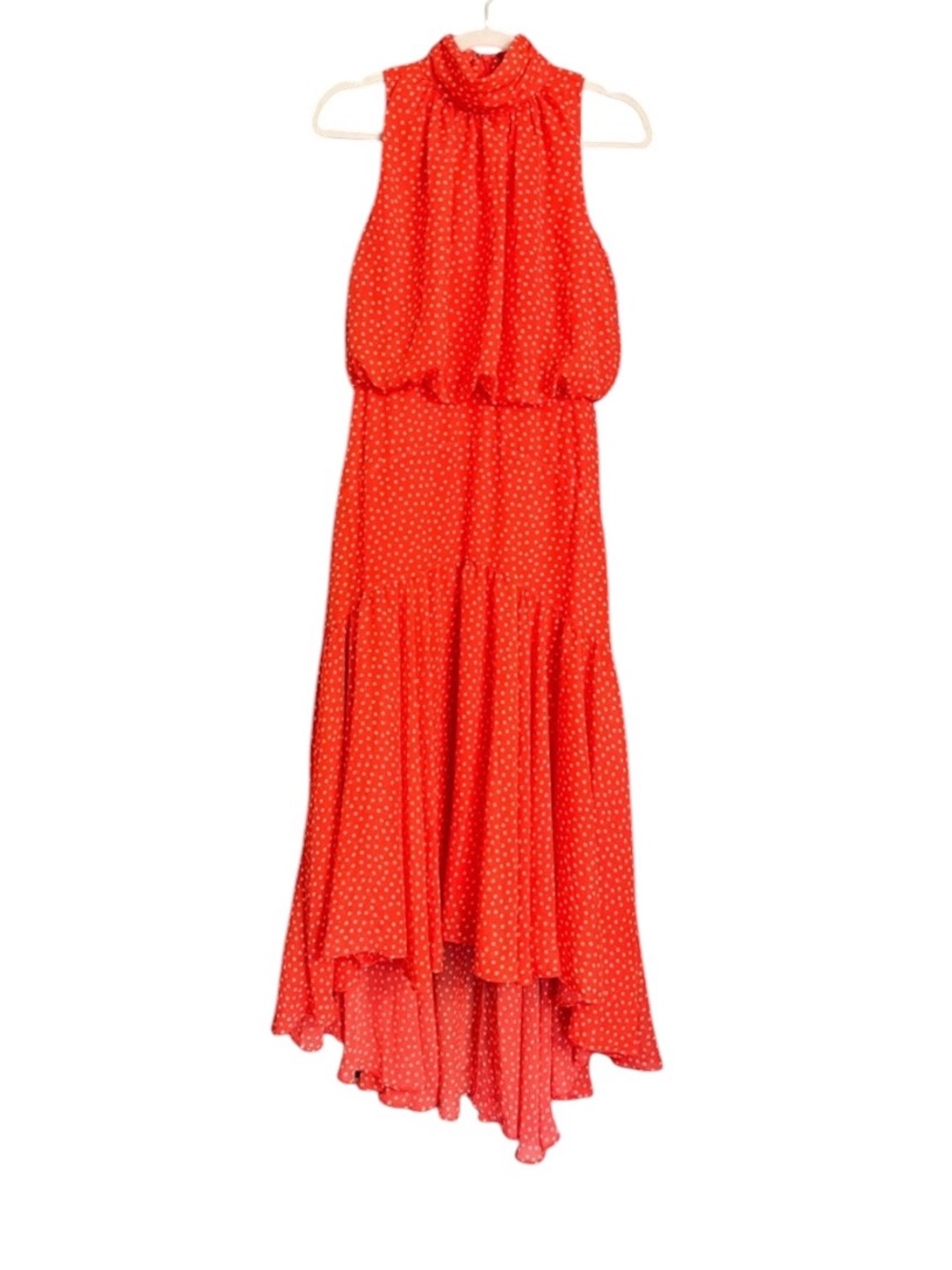 Taylor Size 4 Red Polka Dot Mock Neck High Low Midi Dress NWOT